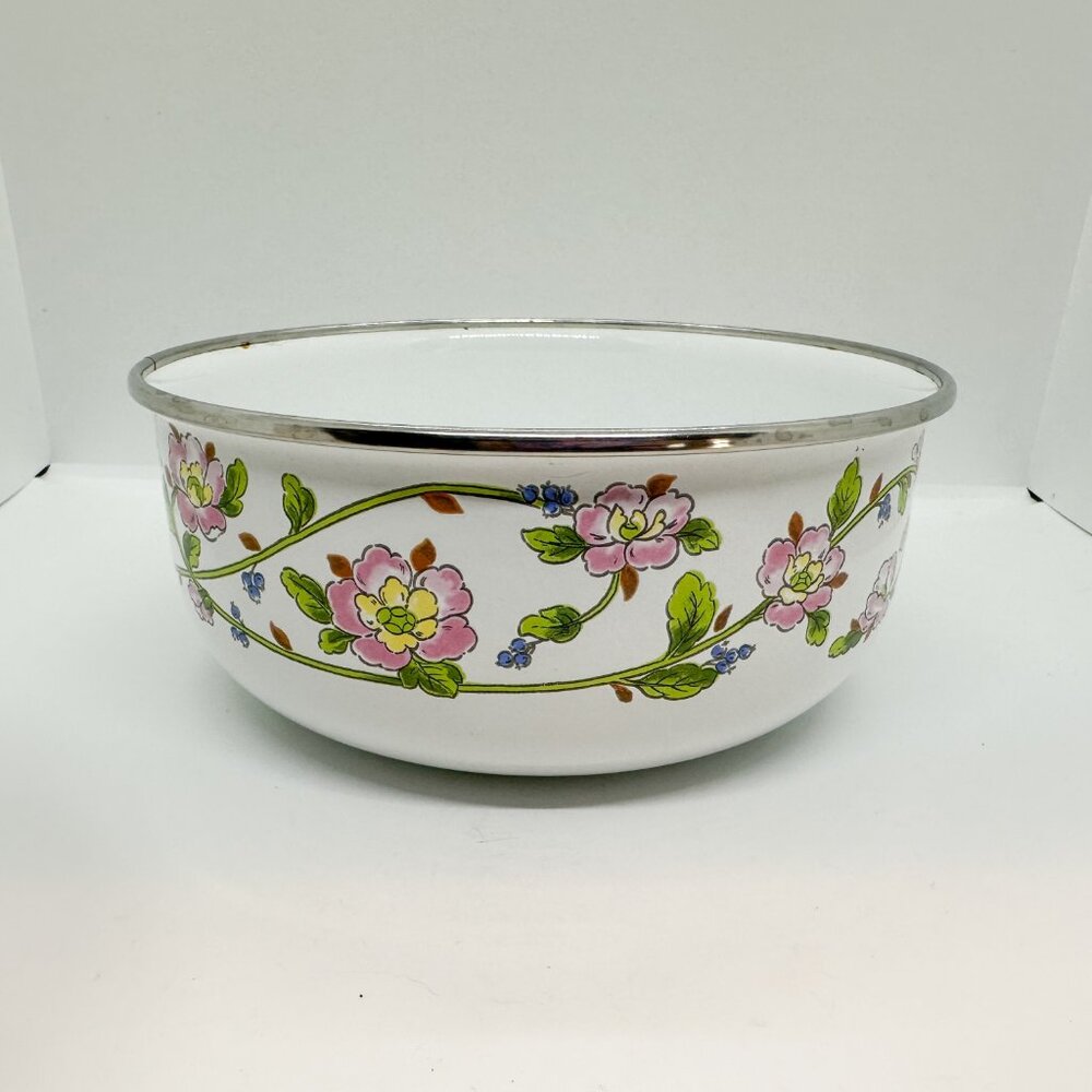 Vintage Kobe Nesting Bowl Mixing Enameled Metal Kitchen Floral Flowers Blueberry
